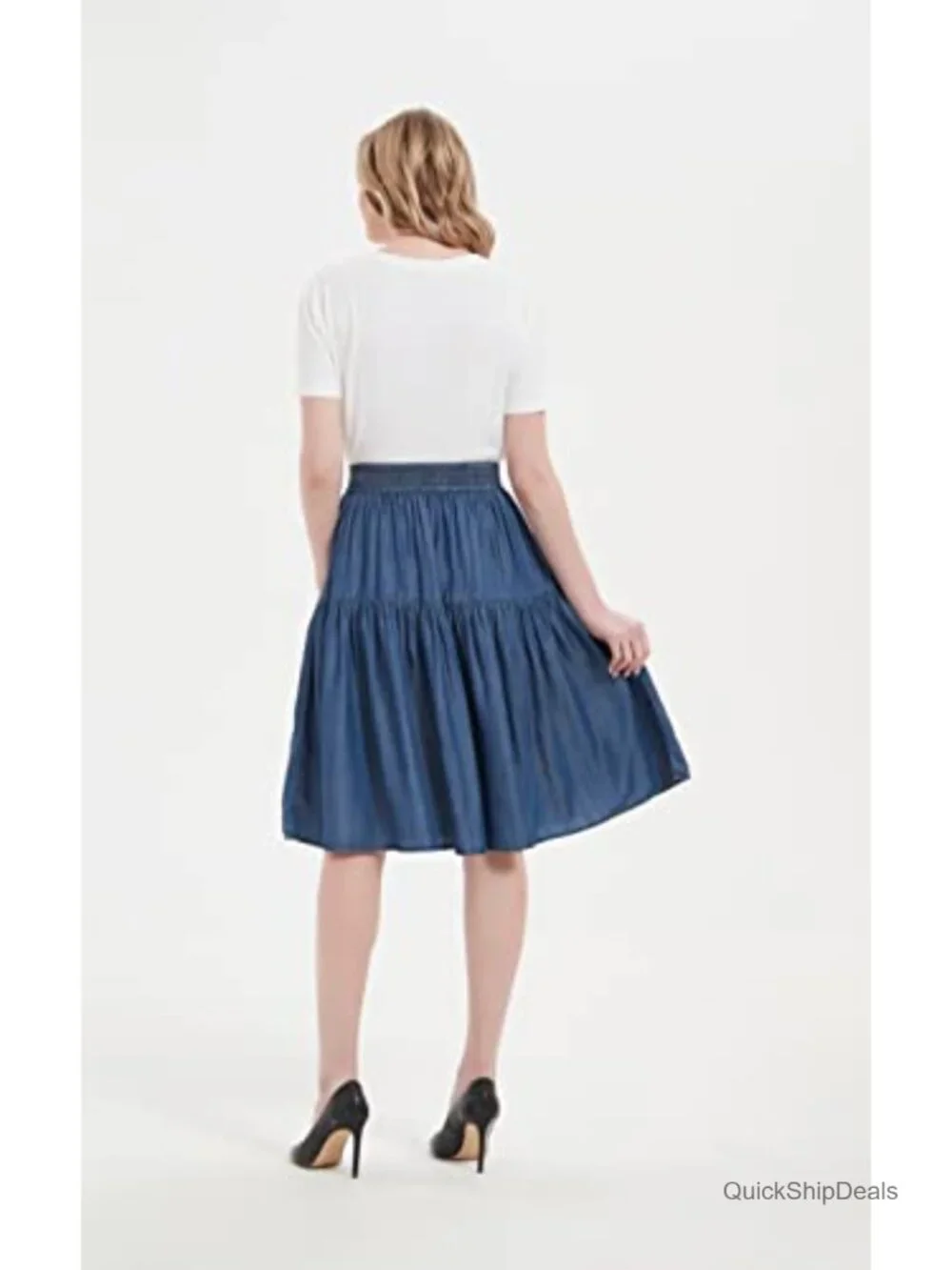 Tencel Denim Tiered A-Line Skirt Women Knee Length Elastic Waist